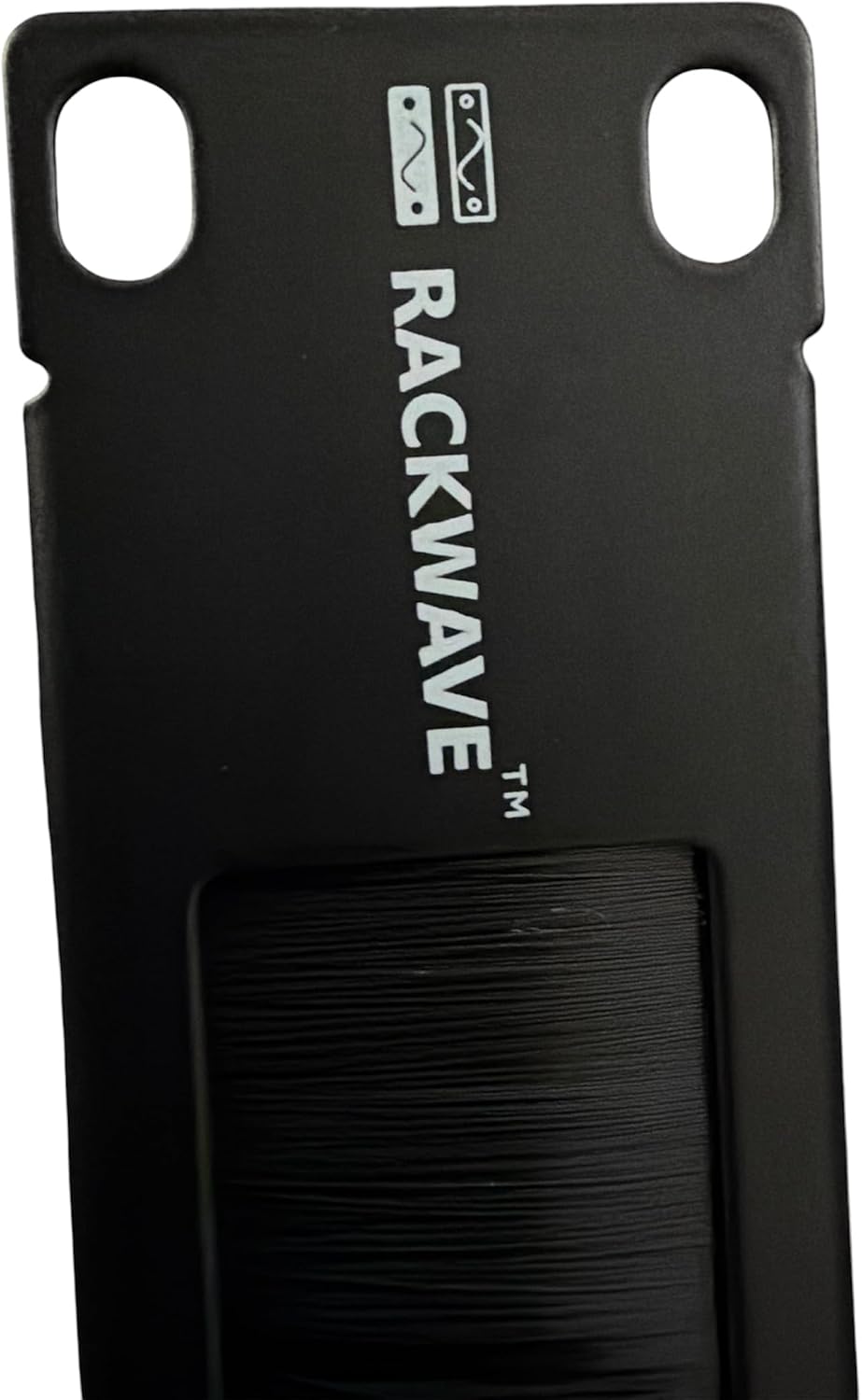 Close-up of the RackWave logo, mounting slots and nylon brush