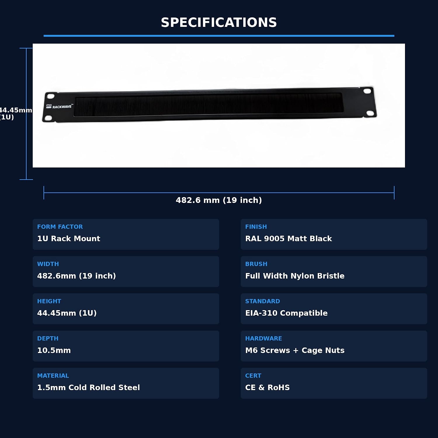 RackWave specifications: 1U rack mount, 482.6mm wide, 44.45mm high, 10.5mm deep, 1.5mm cold rolled steel, RAL 9005 matt black, full width nylon bristle, EIA-310 compatible, M6 screws and cage nuts, CE and RoHS